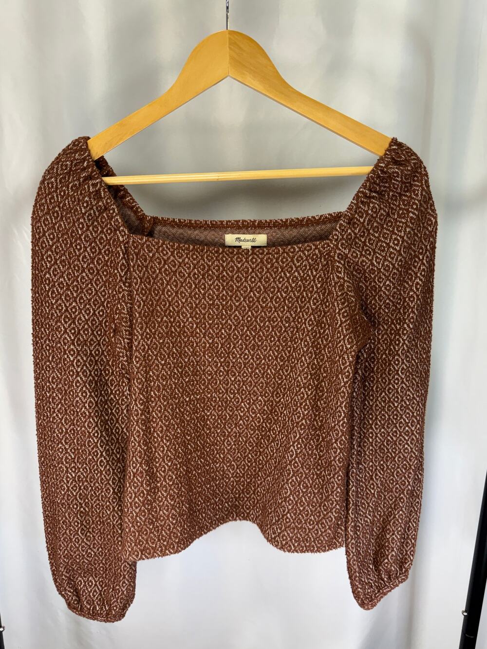 Madewell Women’s XXS Brown Cream Textured Knit Square Neck Puff Sleeve Sweater